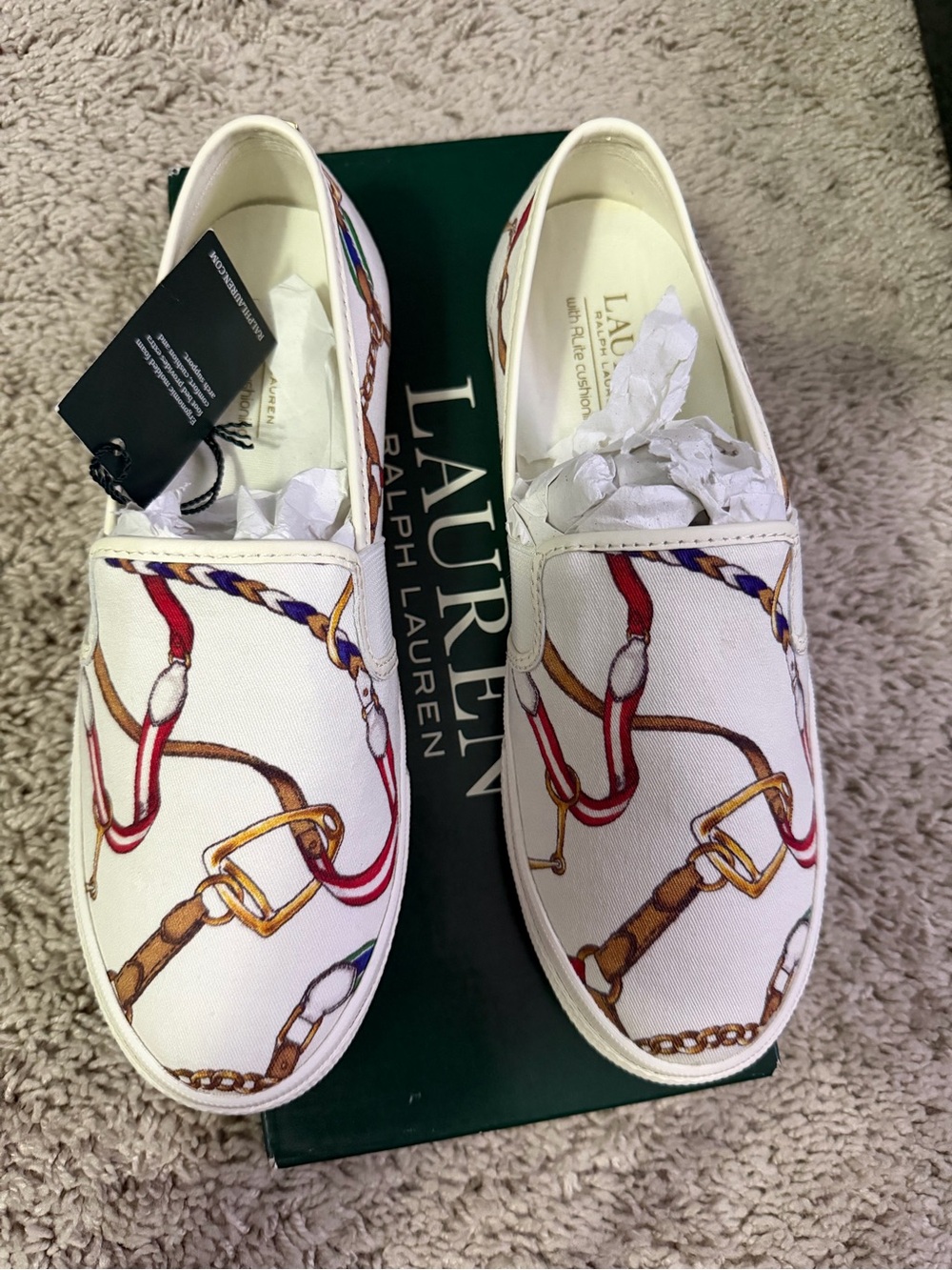 Lauren Ralph Lauren White Canvas Slip-On Sneakers with Equestrian Print